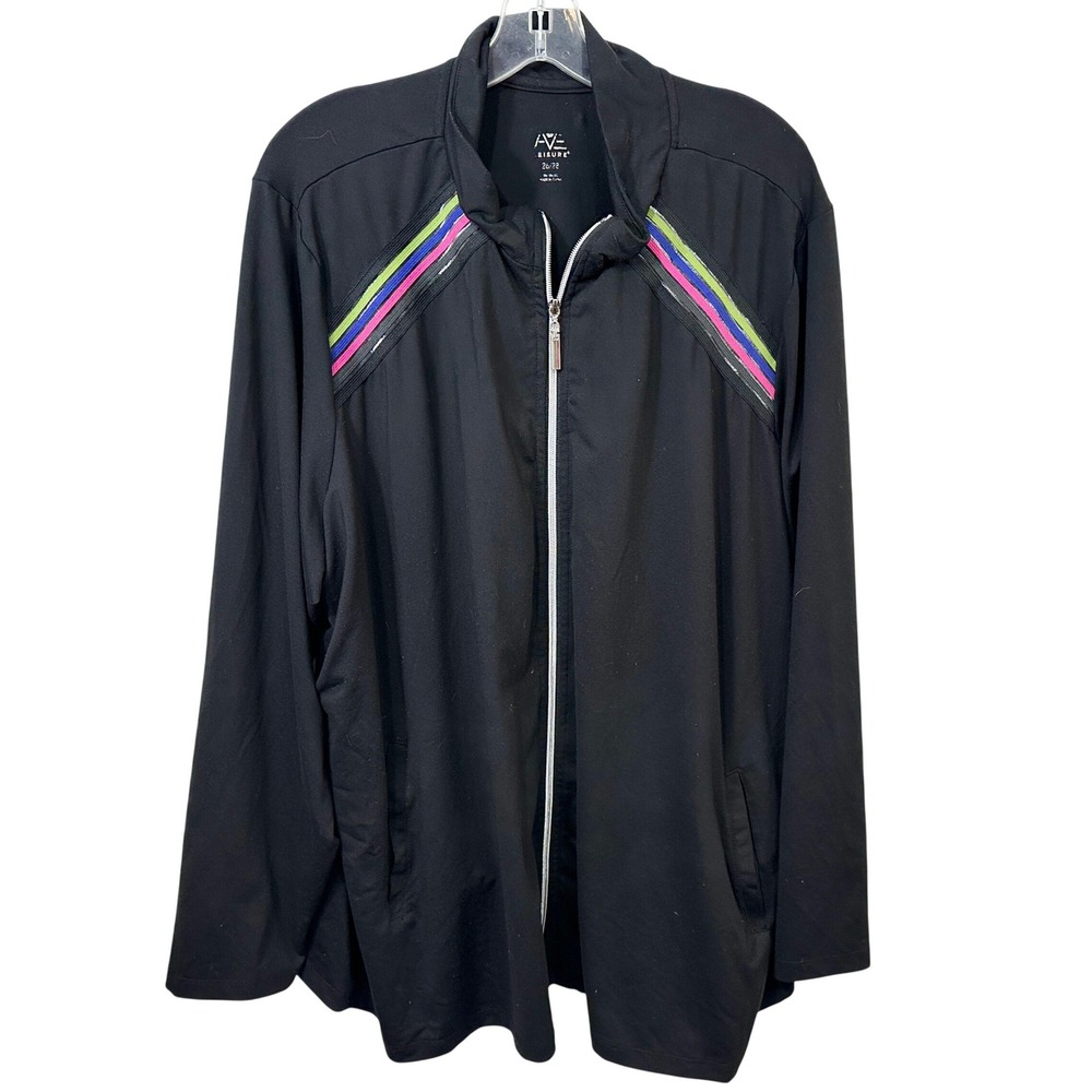 Avenue Plus Size 26/28 Track Jacket Black Neon Rainbow Stripe Full Zip 330